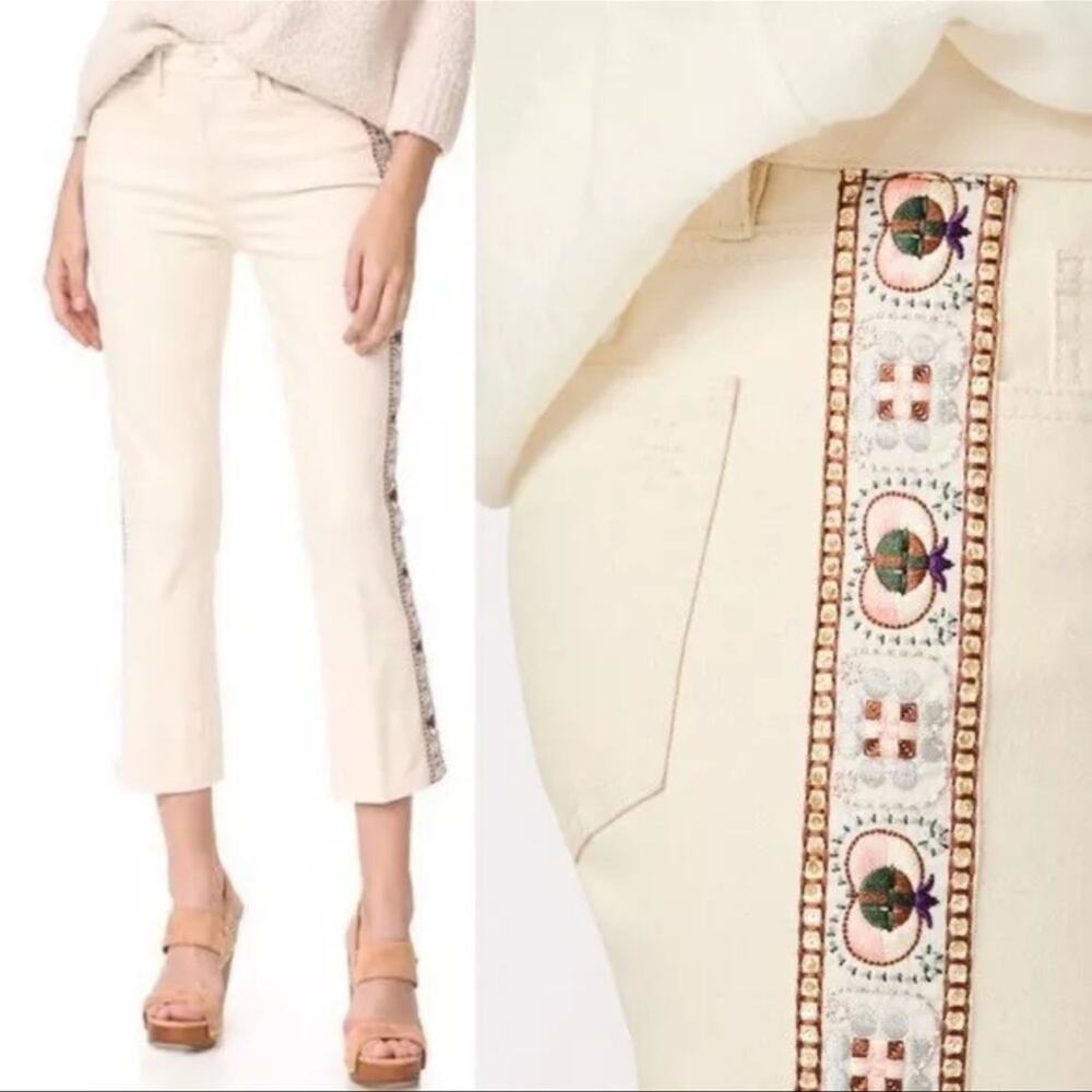 Tory Burch Sandy Off White Cropped Jeans with Ribbon Embroidery 28